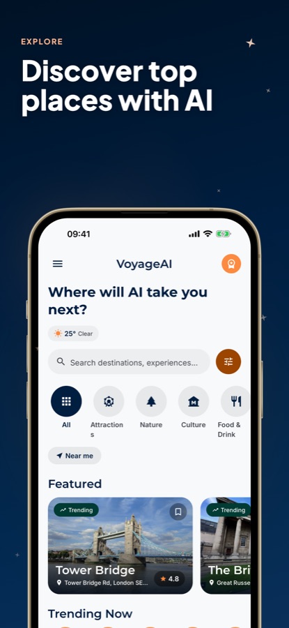 VoyageAI 探索页面,包含天气、搜索框、类别筛选器和精选塔桥卡片
