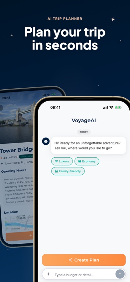 VoyageAI AI 行程规划器聊天界面,提供 Luxury、Economy 和 Family-friendly 选项及“创建计划”按钮