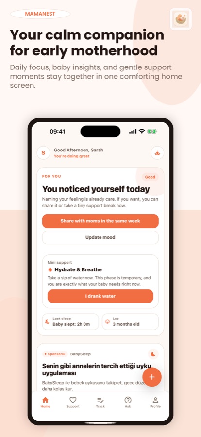 MamaNest home screen with a mood check-in, a hydrate and breathe mini support card and the baby's last sleep