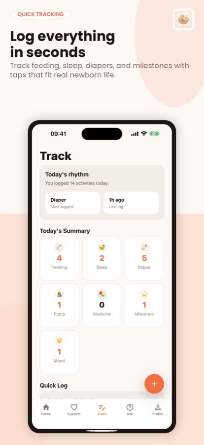 MamaNest Track screen with today's rhythm and summary counts for feeding, sleep, diaper, pump, medicine, milestone and mood
