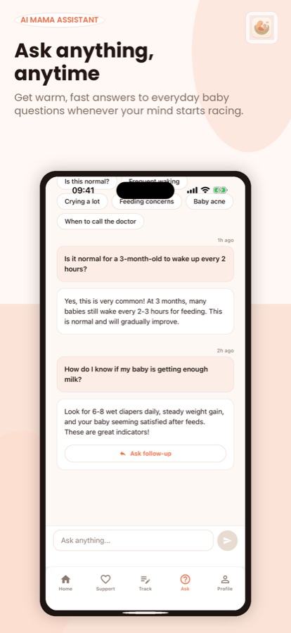 MamaNest Ask screen with quick prompts and a conversation about a three-month-old waking at night