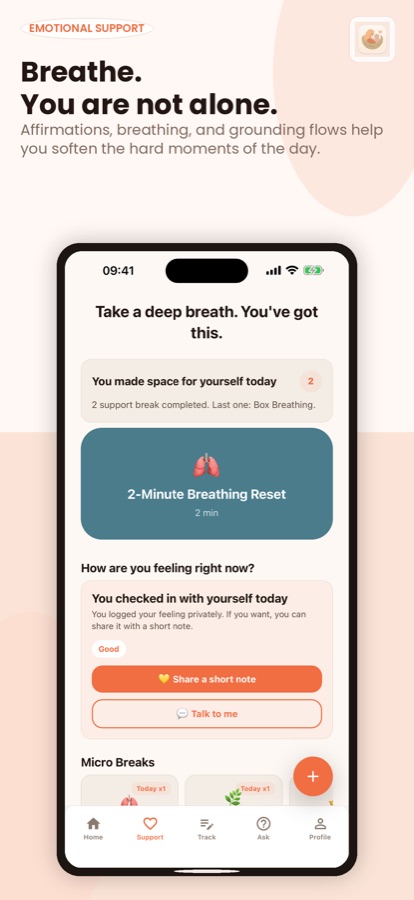 MamaNest Support screen with a two-minute breathing reset and a mood check-in