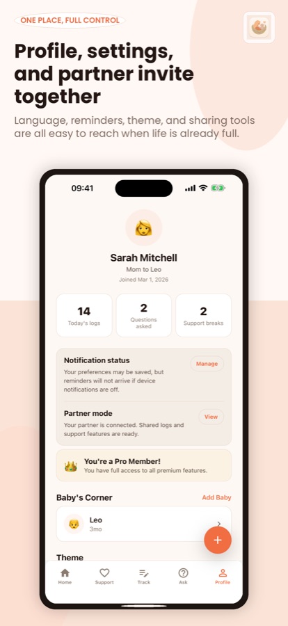 MamaNest profile screen with daily log count, notification status, partner mode and the baby's corner