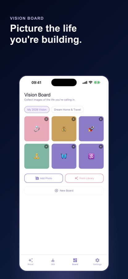 Vision Board tab with two boards and a grid of six colourful cards