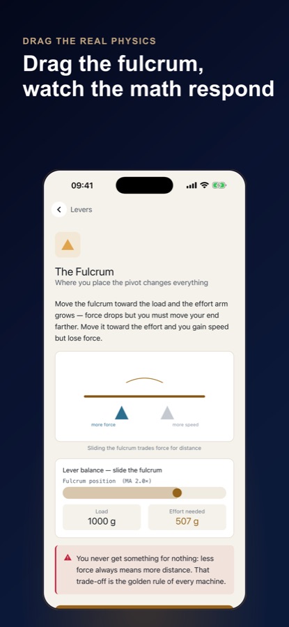 The Fulcrum lesson with a lever balance slider showing load, effort needed and mechanical advantage