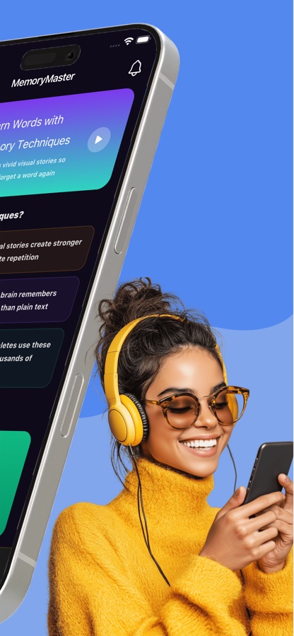 Promotional picture with a phone showing Learn Words with Memory Techniques and a person wearing headphones