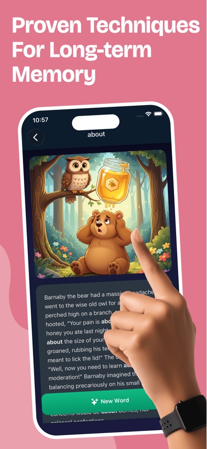 Word screen for the word about with an illustration of a bear and an owl and a story using the word