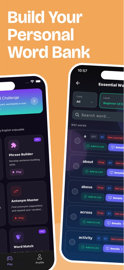 Essential Words word bank list at Beginner A1 level with 942 words and games screen