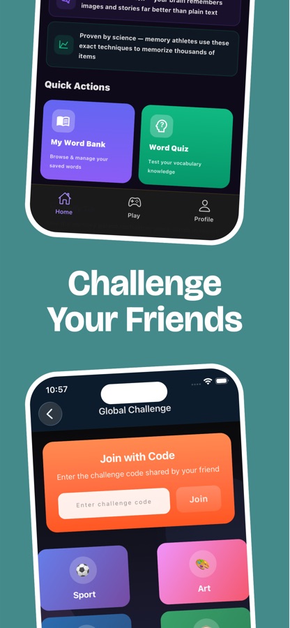 Quick Actions and the Global Challenge screen with a Join with Code field and topic tiles for sport and art