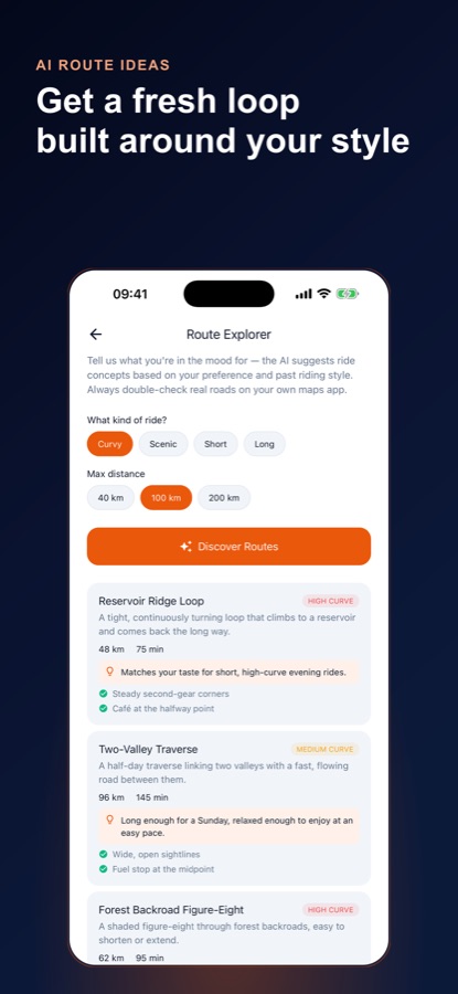 Écran Route Explorer avec des options de type de trajet et de distance maximale, ainsi que des idées d’itinéraires suggérées