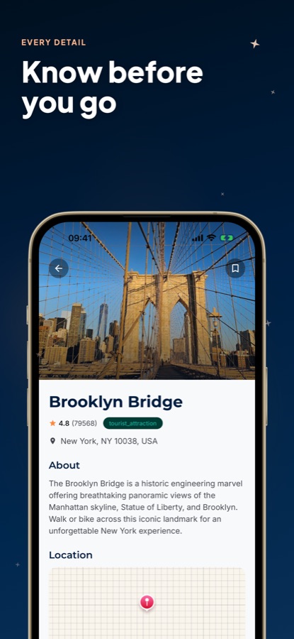 Brooklyn Bridge के लिए प्लेस डिटेल स्क्रीन, जिसमें रेटिंग, पता, परिचय और लोकेशन मैप है