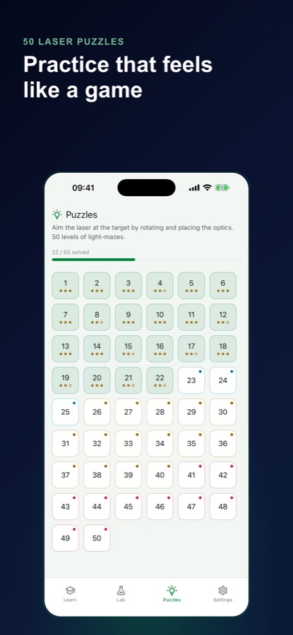 Puzzle-Tab mit einem Raster aus 50 nummerierten Laserlevels und Sternebewertungen