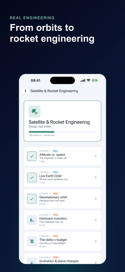 高度と速度の関係からdelta-v予算までのレッスンを一覧表示するSatellite and Rocket Engineeringユニット