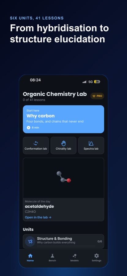 Organic Chemistry Lab home screen showing 0 of 41 lessons, a Why Carbon lesson card, Conformation Lab, Chirality Lab and Spectra Lab buttons, a 3D acetaldehyde molecule of the day, and the Structure and Bonding unit card