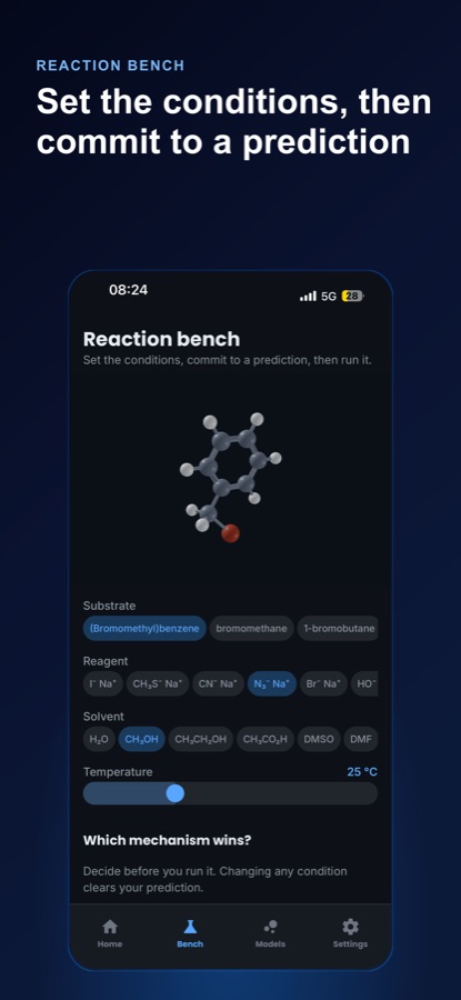 Organic Chemistry Lab Reaction Bench screen showing a 3D bromomethylbenzene molecule, substrate options, reagent options including iodide and cyanide, solvent options including water and methanol, a temperature slider at 25 degrees C, and a prompt asking which mechanism wins