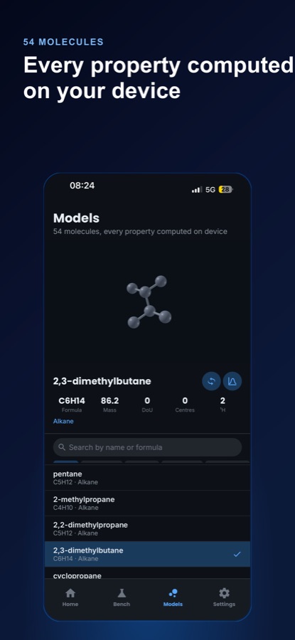 Organic Chemistry Lab Models screen showing a 3D 2,3-dimethylbutane molecule with formula C6H14, mass 86.2, 0 degrees of unsaturation, 0 stereocentres, a search bar, and a scrollable list of molecules including pentane, 2-methylpropane and cyclopropane
