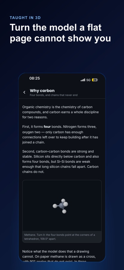 Organic Chemistry Lab lesson screen titled Why Carbon showing text explaining carbon's four bonds and comparing it to nitrogen, oxygen and silicon, alongside a rotatable 3D methane molecule with a caption noting its four bonds point to the corners of a tetrahedron at 109.5 degrees