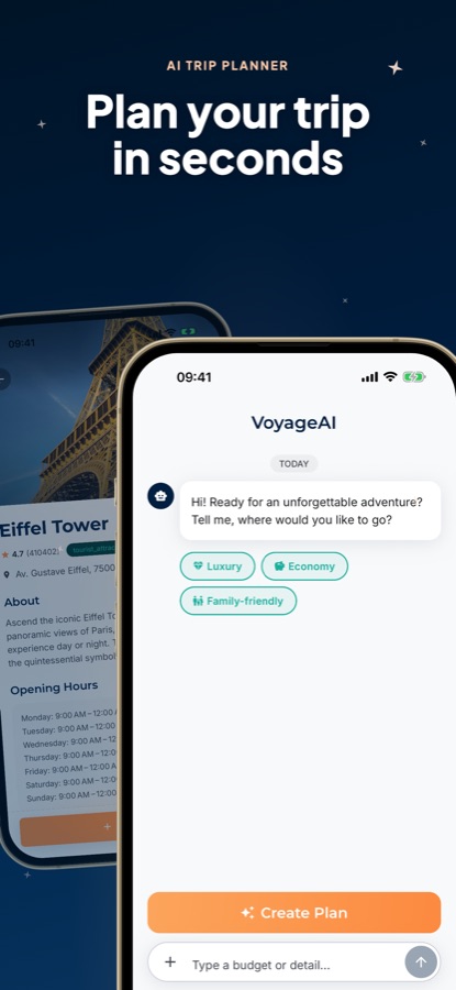VoyageAI trip planner chat asking where you would like to go, with Luxury, Economy and Family-friendly options and a Create Plan button
