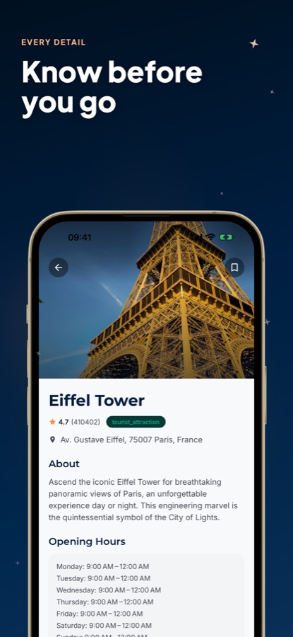 Place detail screen for the Eiffel Tower showing a 4.7 rating, address, an About section and opening hours