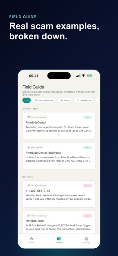 Écran du Guide pratique avec filtres par canal et exemples de messages annotés comme légitimes ou frauduleux