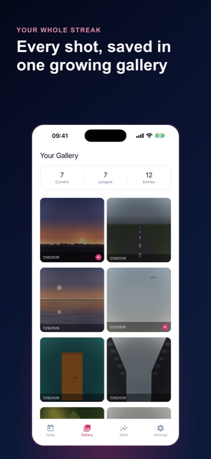 Galerie avec la série actuelle, la plus longue série et le nombre de participations au-dessus d’une grille de photos datées