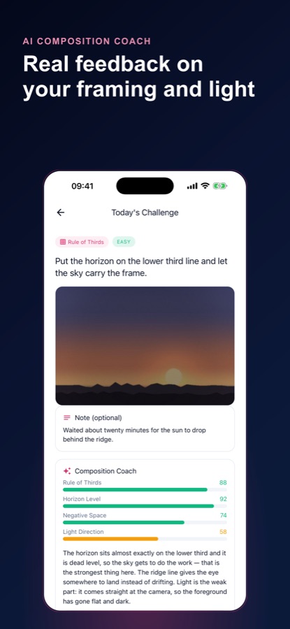 Défi de la règle des tiers avec une photo de coucher de soleil et les notes de Composition Coach pour la règle des tiers, l’horizon droit, l’espace négatif et la direction de la lumière