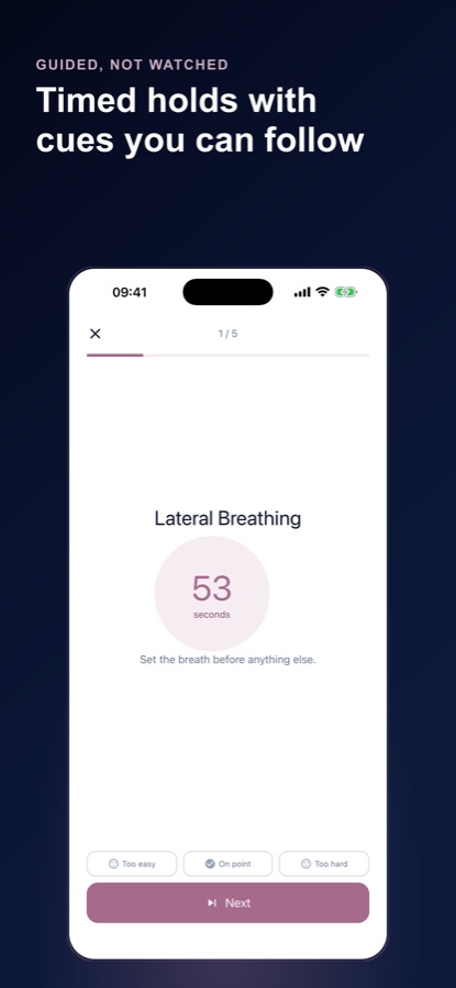Session-Player mit Lateral Breathing, einem Countdown sowie den Schaltflächen „Zu leicht“, „Genau richtig“ und „Zu schwer“
