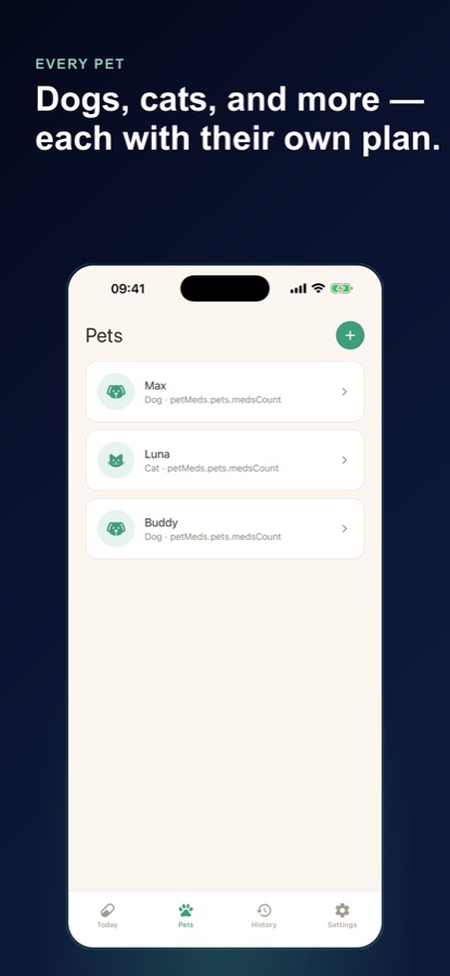 Pets list showing three pets, a dog named Max, a cat named Luna and a dog named Buddy, with a plus button to add another