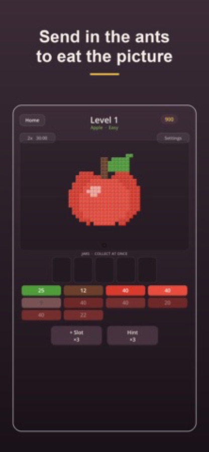 Schermata del Livello 1 con una mela in pixel art, una fila vuota di cinque barattoli con l’etichetta raccogli contemporaneamente, pulsanti colorati con il numero di blocchi e pulsanti per lo slot aggiuntivo e il booster suggerimento