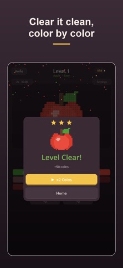 Pannello Livello completato sopra il tabellone, con tre stelle dorate, una mela in pixel art, 50 monete aggiuntive e un pulsante per raddoppiare le monete