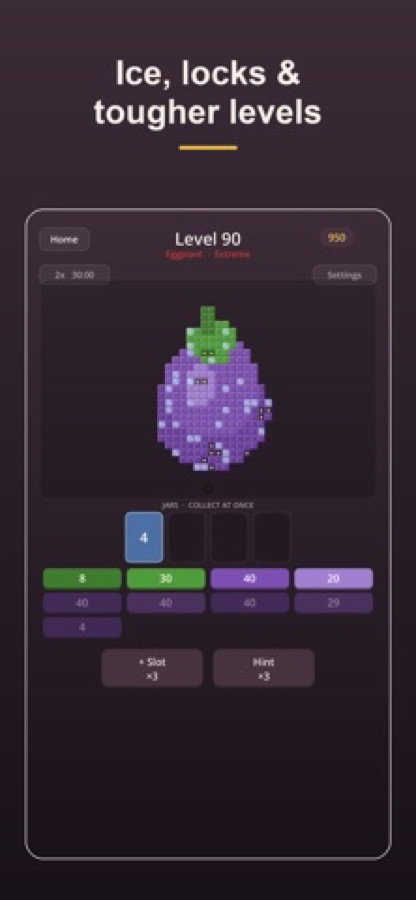 Schermata del Livello 90 con una melanzana in pixel art contrassegnata come Estremo, un barattolo già in uso che mostra il numero 4 e pulsanti colorati con il numero di blocchi