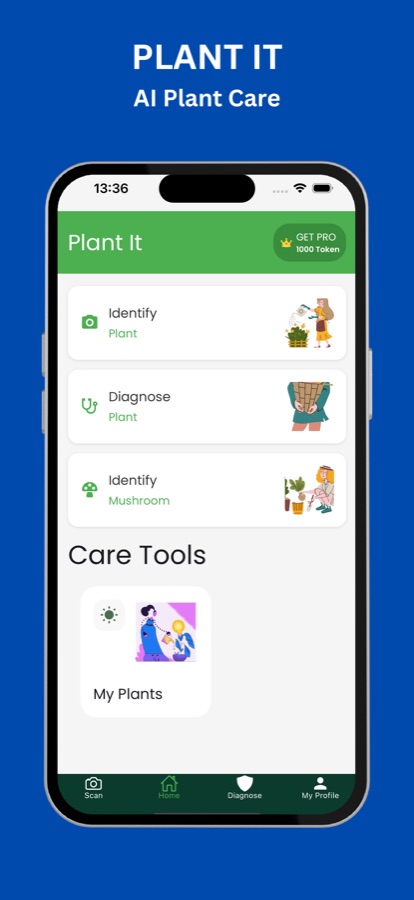 Pantalla de inicio de Plant It con Identify Plant, Diagnose Plant, Identify Mushroom y My Plants