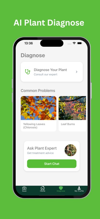 Pantalla de diagnóstico con problemas comunes y una tarjeta de chat para Preguntar a un experto en plantas