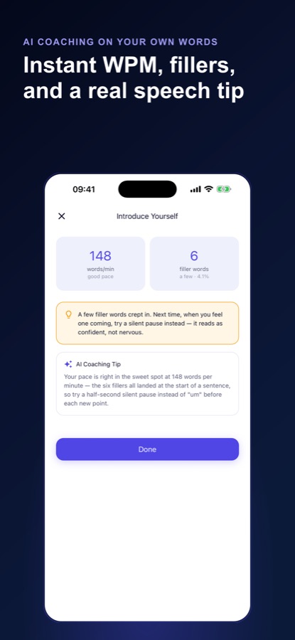 Public Speaking results for an introduce-yourself drill showing 148 words per minute, 6 filler words and a coaching tip