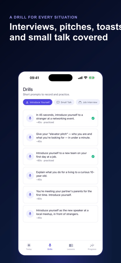 Public Speaking drills list for introducing yourself with category tabs for small talk and job interview