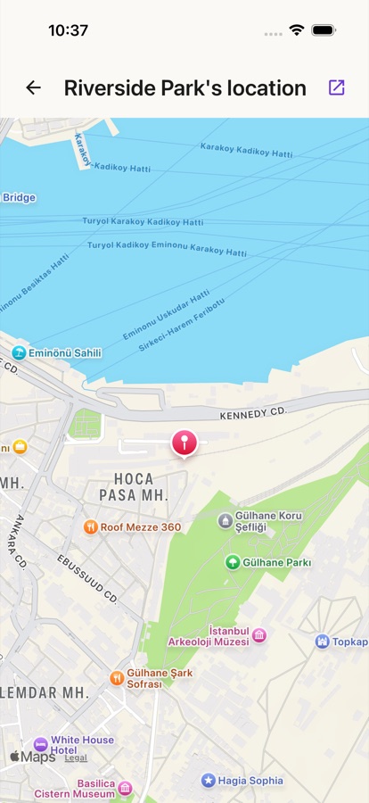 Puffy map screen showing a shared location with controls for how long location sharing lasts