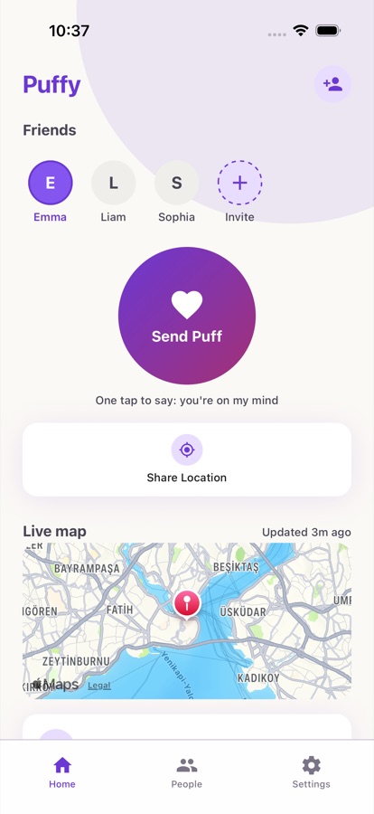 Puffy home tab with a favorite person and a large button for sending a Puff