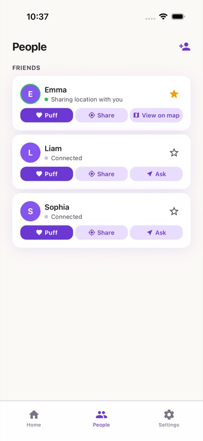 Puffy people tab listing connected favorite people
