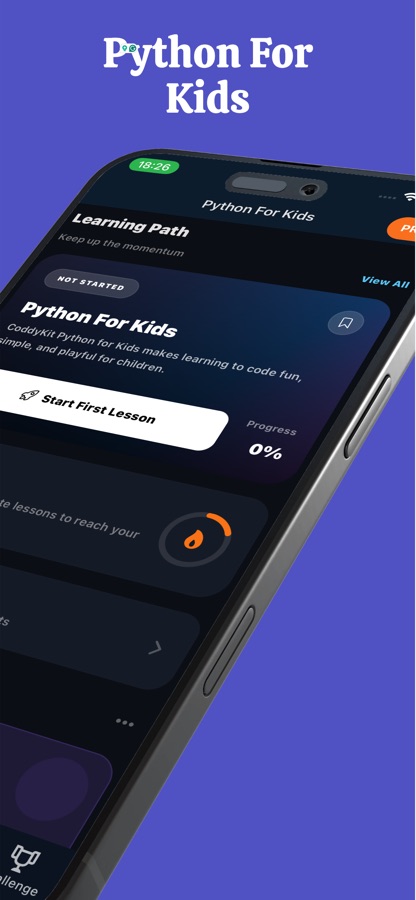 การ์ดเส้นทางการเรียนรู้ Python for Kids พร้อมปุ่มเริ่มบทเรียนแรกและความคืบหน้าที่ 0 percent