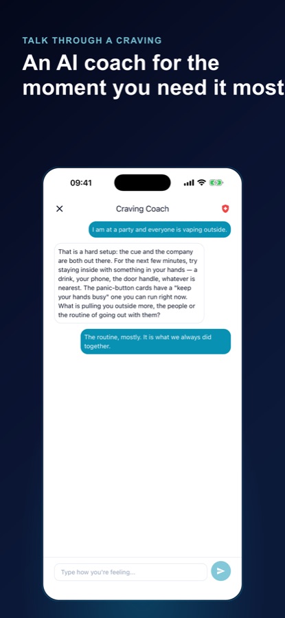 Kullanıcının herkesin dışarıda elektronik sigara kullandığı bir partide olduğunu söylediği ve koçun ellerini meşgul tutmasını önerdiği Craving Coach sohbeti