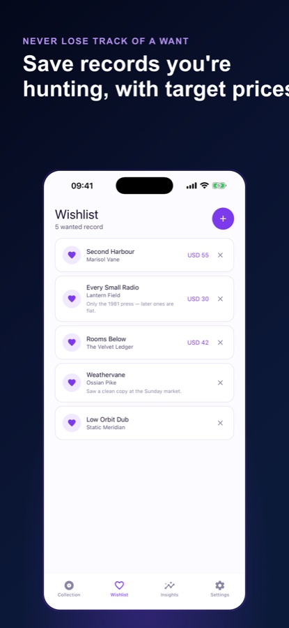 Beş aranan plağın, bazılarında hedef fiyat ve notlarla birlikte yer aldığı Wishlist