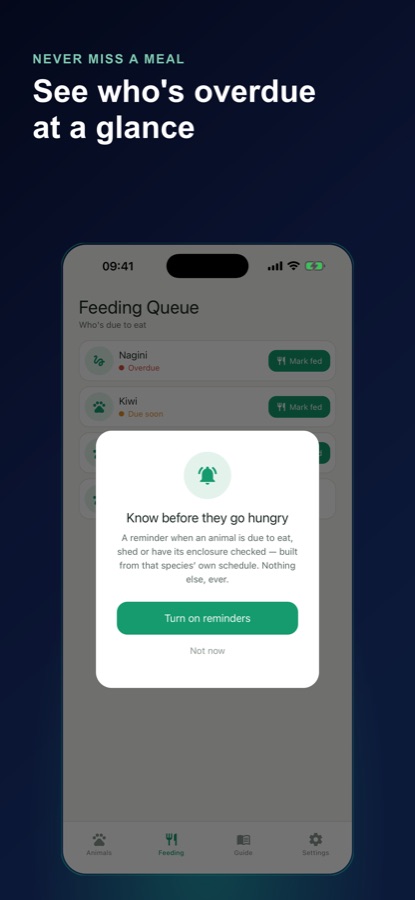 Reptile Care Feeding Queue screen showing one animal overdue and one due soon