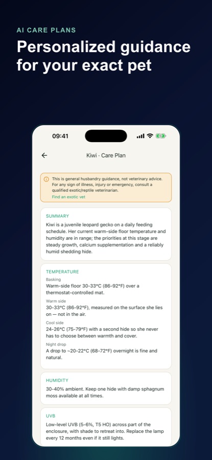 Reptile Care AI Care Plan screen showing temperature, humidity and UVB guidance for a juvenile leopard gecko