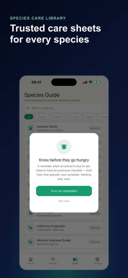 Reptile Care Species Guide screen listing care reference entries for geckos and snakes