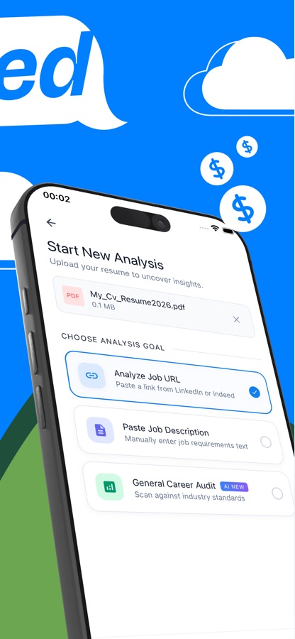 Start New Analysis screen with an uploaded PDF resume and three analysis goals