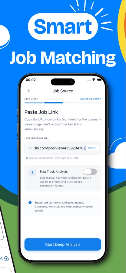 Job Source screen asking to paste a job posting link with a Start Deep Analysis button
