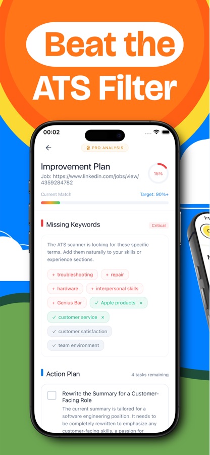 Improvement Plan screen with a current match percentage, missing and covered keywords and an action plan