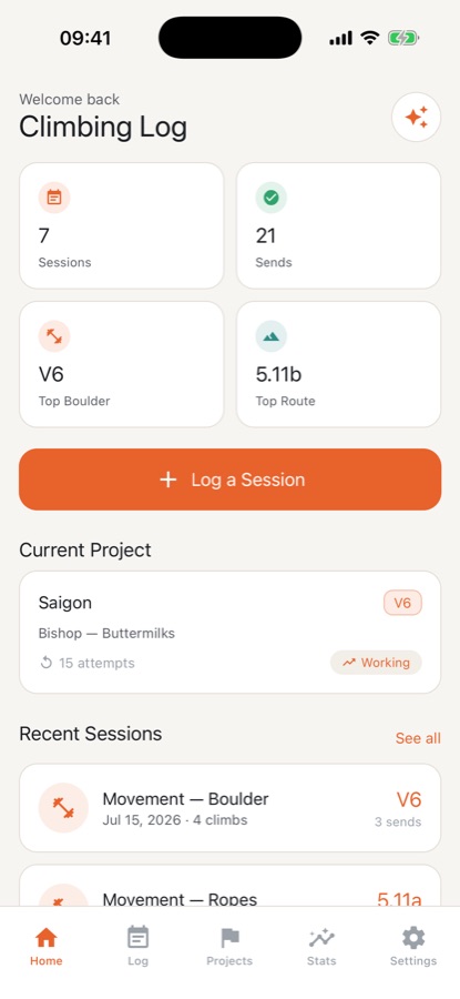 Climbing Log home screen with session and send counts, top boulder and route grades, a current project and recent sessions