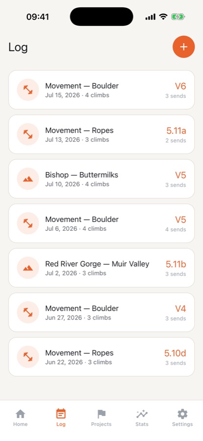Climbing log list with gym and crag sessions showing date, number of climbs, hardest grade and sends