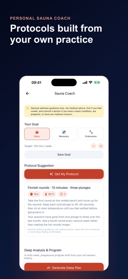 Sauna Coach screen with a wellness guidance banner, a goal selector and a protocol suggestion